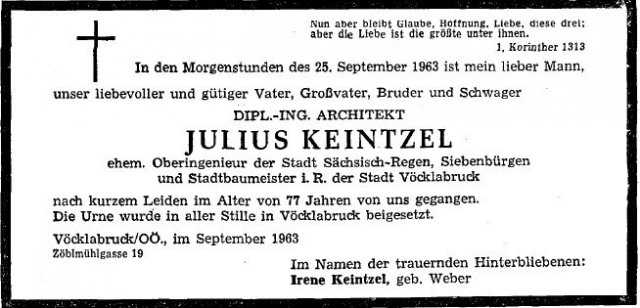 Keintzel Julius 1886-1963 Todesanzeige